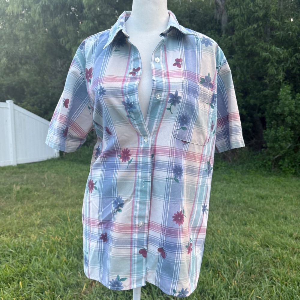 Vintage Floral Button Up Boho Beachy Shirt Women 12 Multicolor - Picture 2 of 6